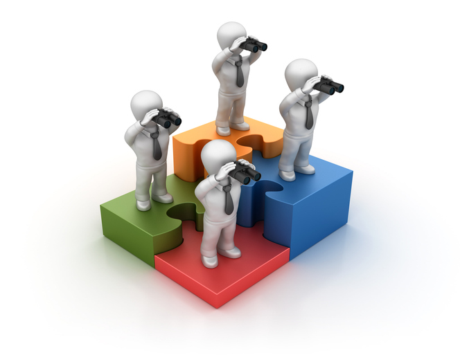 Rendering of four people with binoculars looking off into the distance